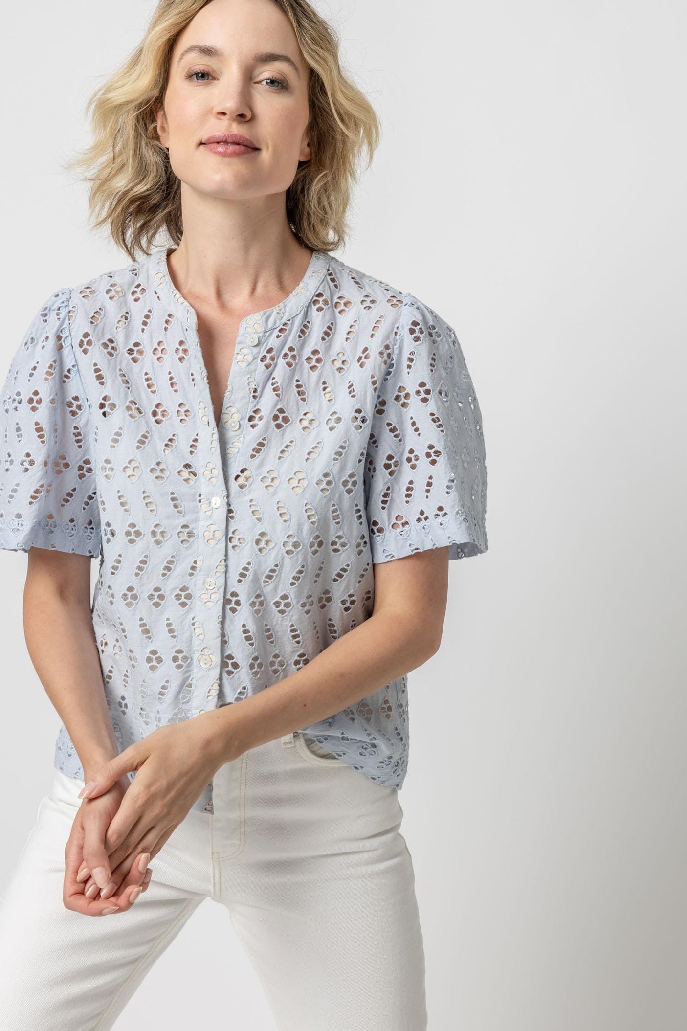 Eyelet Short Sleeve Button Down in Hyacinth