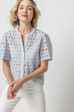 Load image into Gallery viewer, Eyelet Short Sleeve Button Down in Hyacinth
