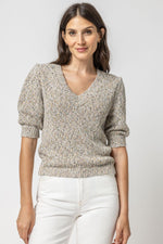 Load image into Gallery viewer, Elbow Sleeve V-Neck Sweater in Multi Fleck
