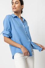 Load image into Gallery viewer, Long Sleeve Gauze Button Down in Marina
