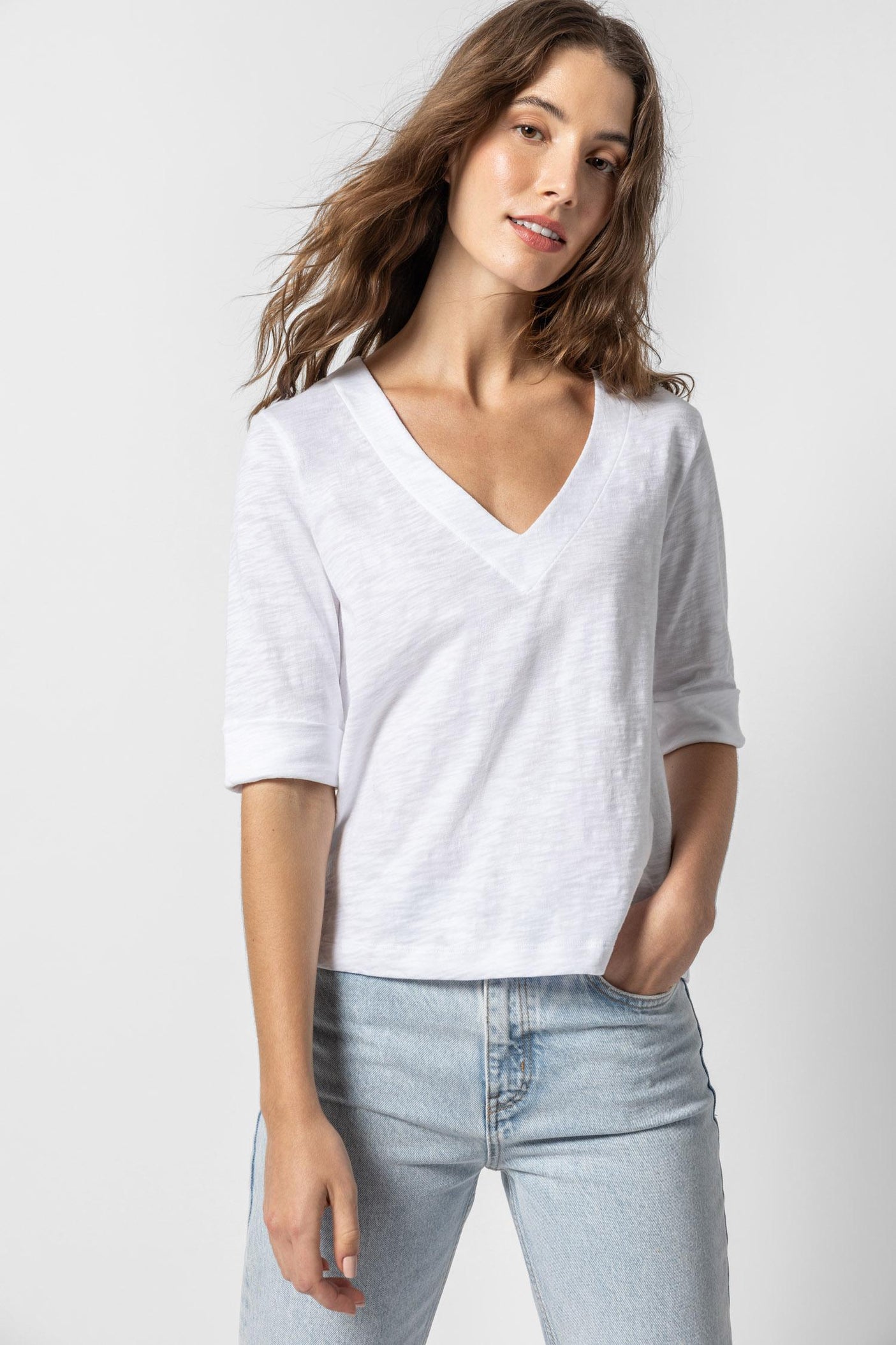Cuffed Elbow Sleeve V-Neck in White