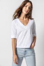 Load image into Gallery viewer, Cuffed Elbow Sleeve V-Neck in White
