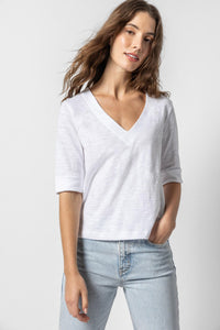 Cuffed Elbow Sleeve V-Neck in White