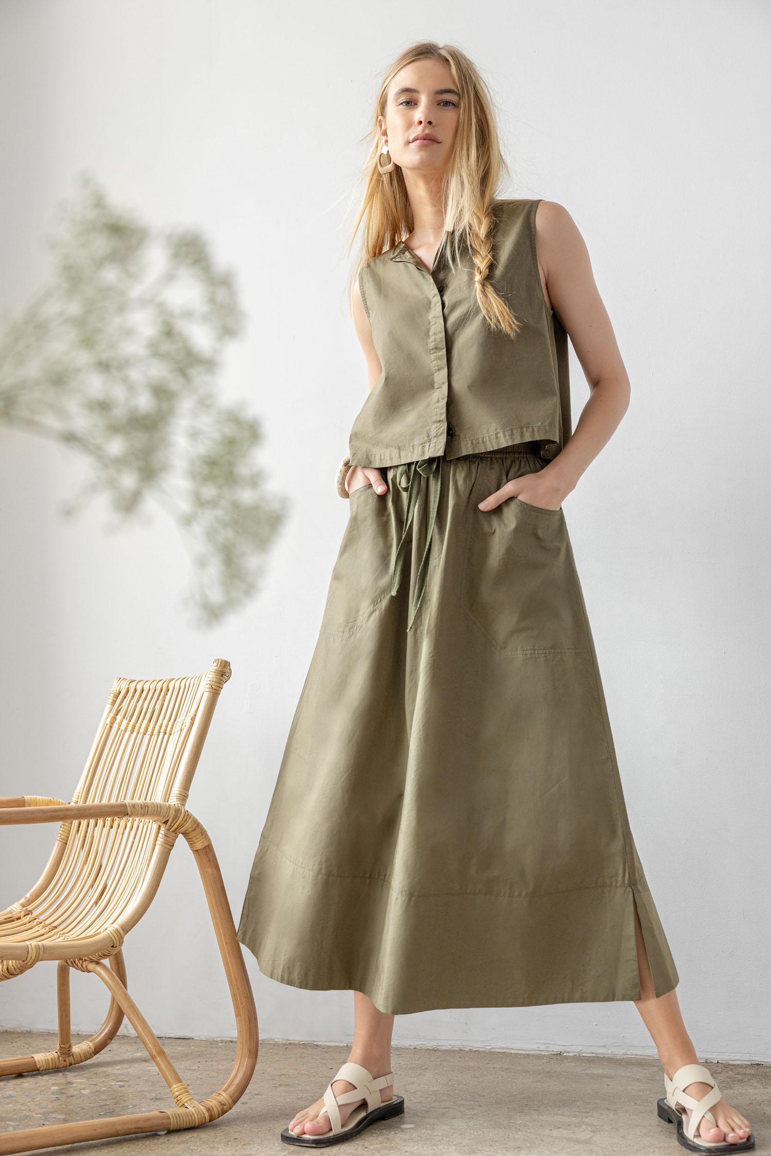 Long Poplin Skirt in Kelp