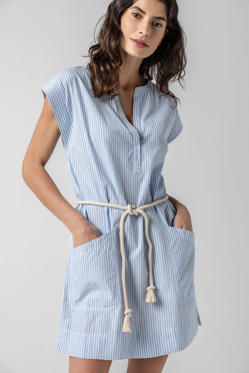 Striped Split Neck Dress in Malibu Stripe