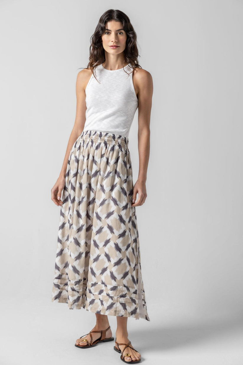 Shirred Elastic Waist Skirt in Natural Ikat