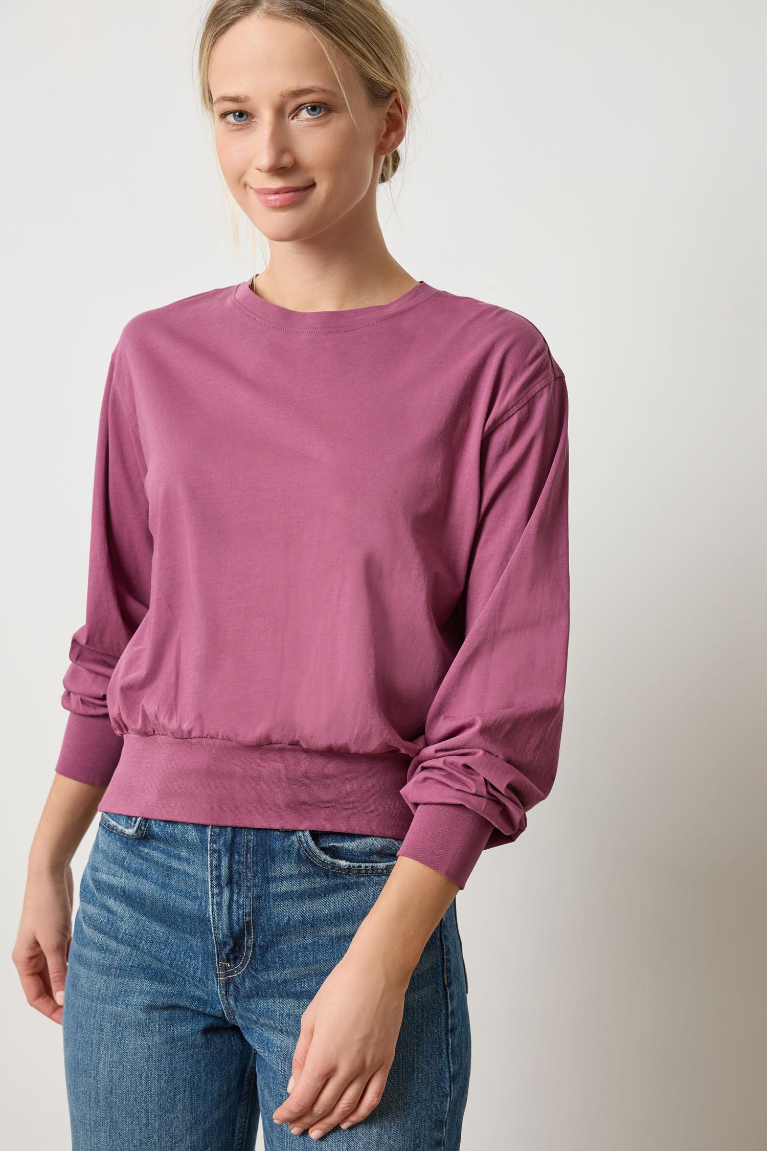 Ribbed Trim Easy Crew Shirt in Vintage Plum