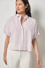 Load image into Gallery viewer, Striped Oversized Button Down Dolman in Lavender Stripe
