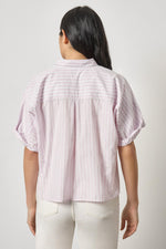 Load image into Gallery viewer, Striped Oversized Button Down Dolman in Lavender Stripe

