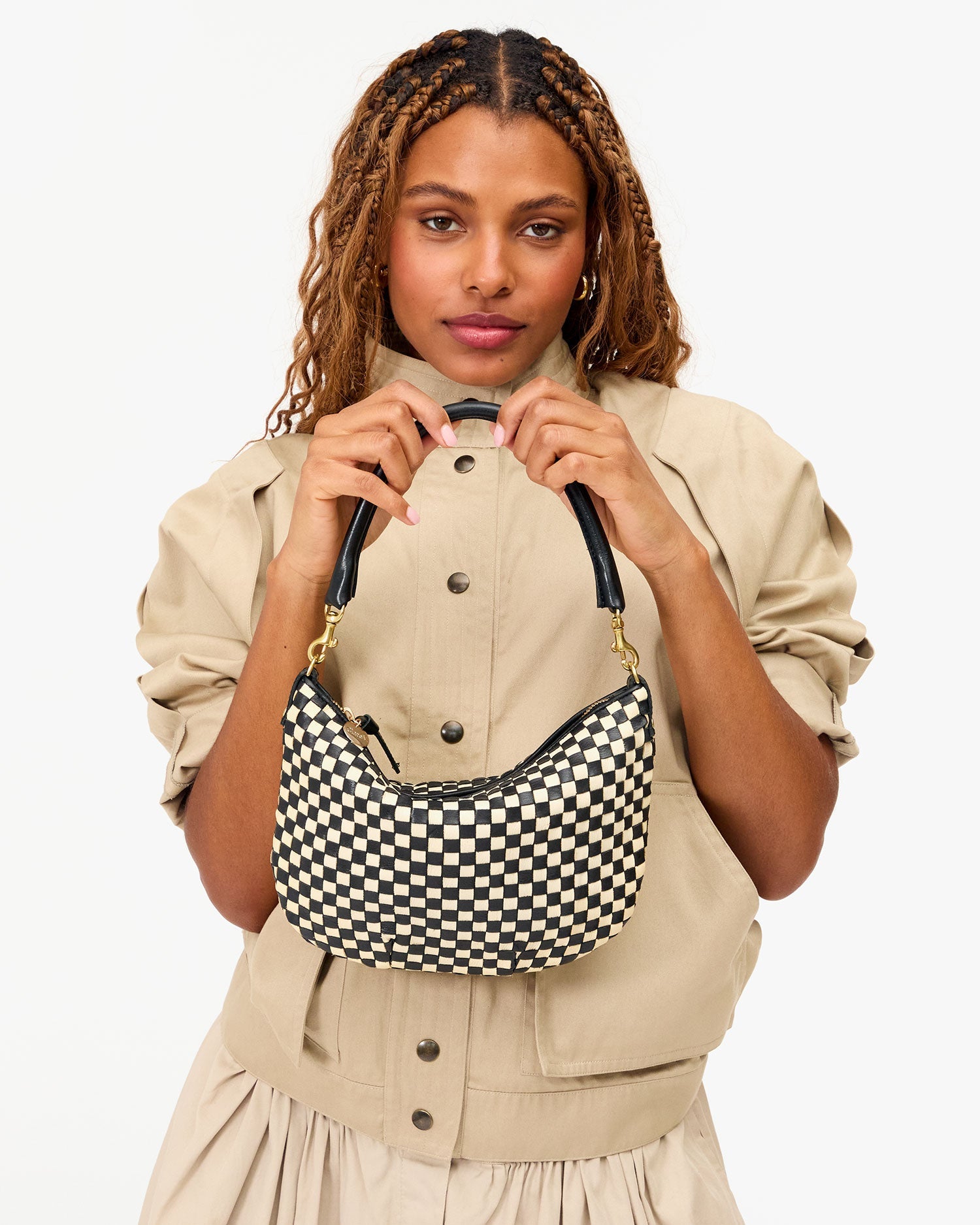 Petit Moyen Messenger in Black & Cream Woven Checker