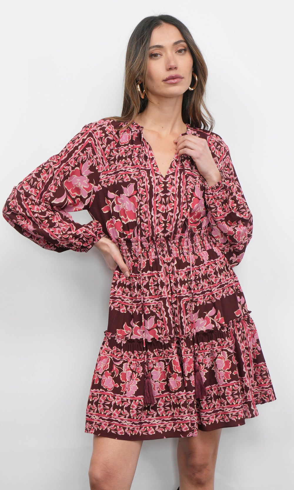 Ringo Long Sleeve Smocked Mini Dress in Maroon