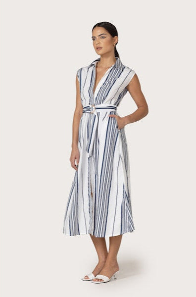 Chloe Belted Poplin Dress in Shadow Stripe