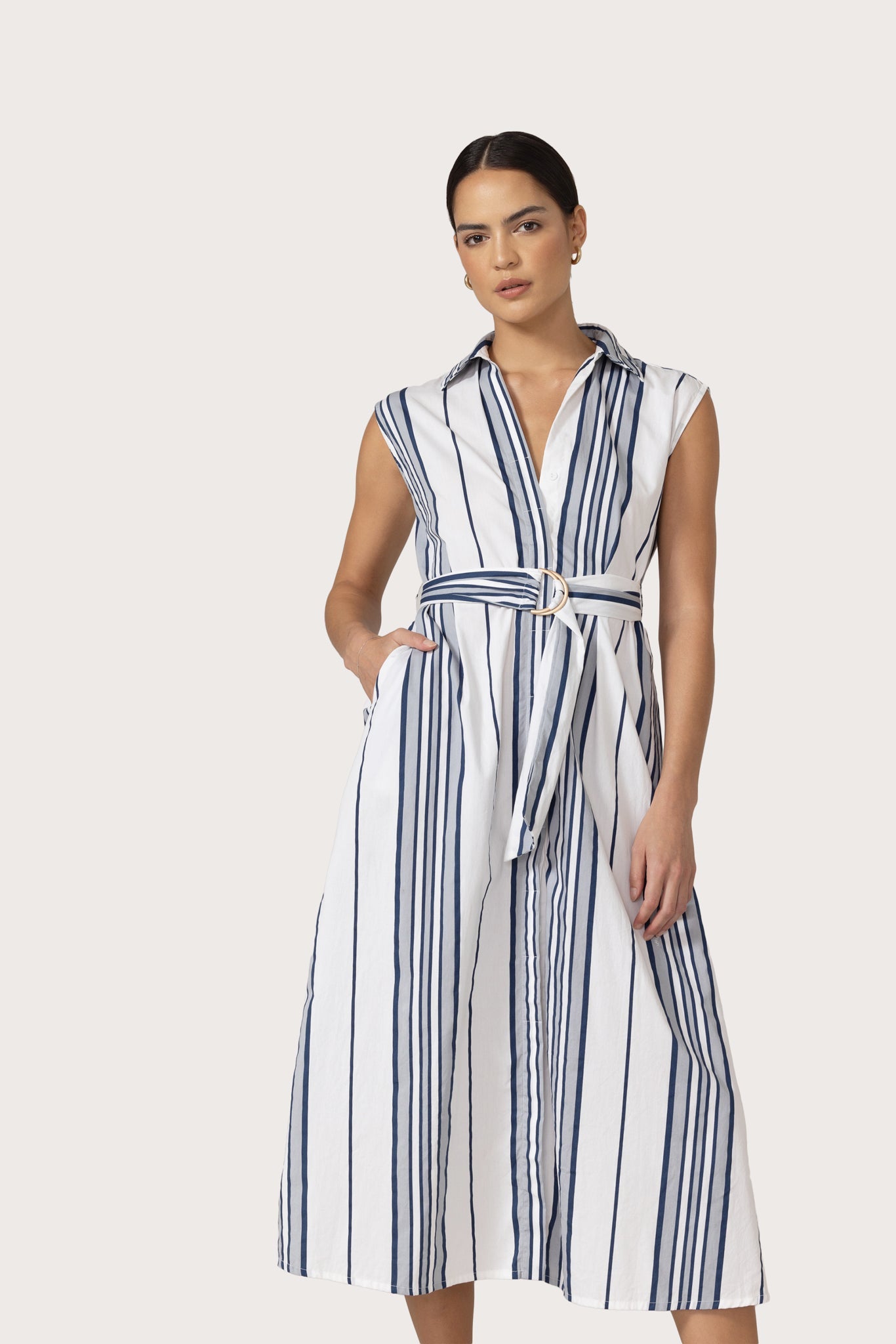 Chloe Belted Poplin Dress in Shadow Stripe