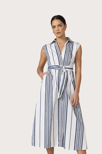 Chloe Belted Poplin Dress in Shadow Stripe