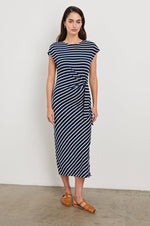 Load image into Gallery viewer, Selah Dress in Navy Ivory Stripe
