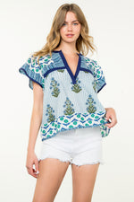 Load image into Gallery viewer, Multi Print Flutter Sleeve Top in Blue
