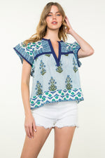 Load image into Gallery viewer, Multi Print Flutter Sleeve Top in Blue
