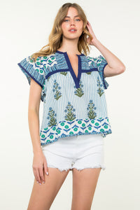 Multi Print Flutter Sleeve Top in Blue