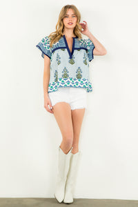 Multi Print Flutter Sleeve Top in Blue