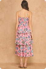 Load image into Gallery viewer, Printed Pintucked Tiered Midi Dress in Pink Multi
