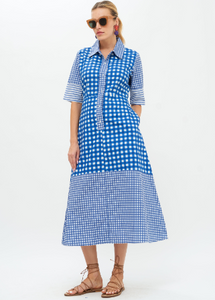 3/4 Sleeve Shirt Dress in Navy Gingham