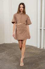 Load image into Gallery viewer, Button Front Cut-Out Shirred Mini Shirt Dress in Mocha
