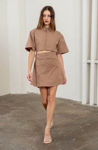 Button Front Cut-Out Shirred Mini Shirt Dress in Mocha