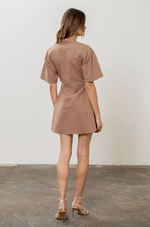 Load image into Gallery viewer, Button Front Cut-Out Shirred Mini Shirt Dress in Mocha
