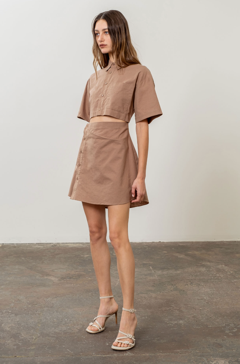 Button Front Cut-Out Shirred Mini Shirt Dress in Mocha