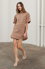 Load image into Gallery viewer, Button Front Cut-Out Shirred Mini Shirt Dress in Mocha
