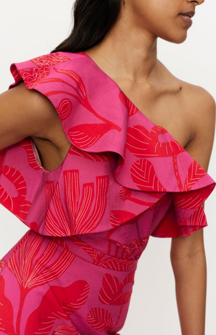 One Shoulder Ruffle Top in Red/Pink