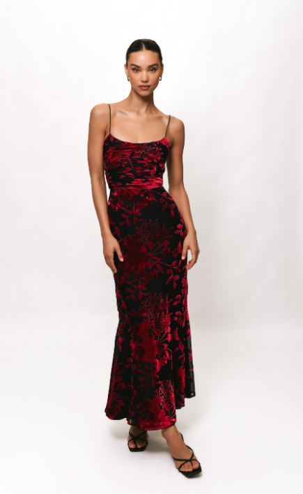 Tylia Ruched Maxi Dress in Black/Red Chinoiserie Bouquet Mint Julep Tylia Ruched Maxi Dress in Black/Red Chinoiserie Bouquet Mint Julep