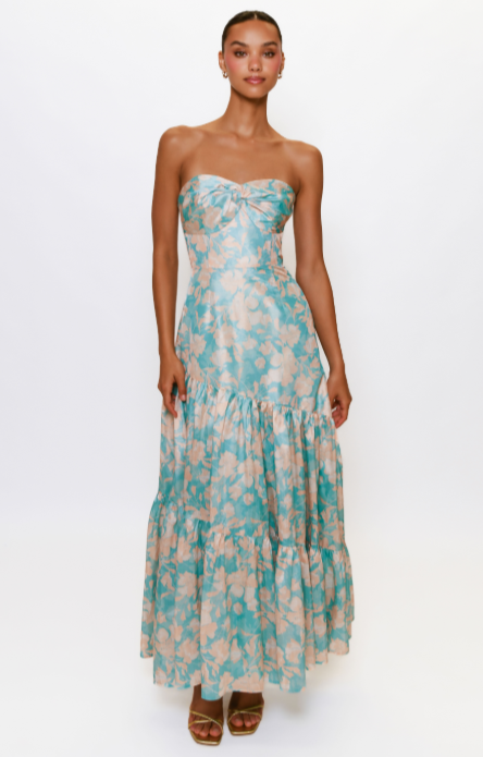 Phoebe Strapless Maxi Dress in Teal Vintage Vining Floral