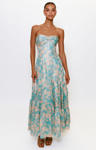 Phoebe Strapless Maxi Dress in Teal Vintage Vining Floral