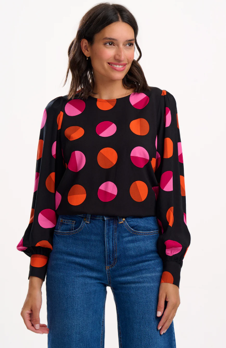 Ronnie Puff Sleeve Top in Black Split Polka Dot