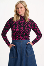 Load image into Gallery viewer, Annika Turtleneck Jersey Top in Black/Pink Doodle Stars
