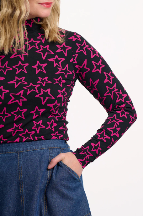 Annika Turtleneck Jersey Top in Black/Pink Doodle Stars