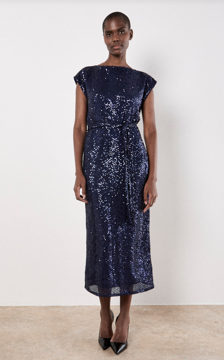 Chevron Sequin Maxi Dress in Navy