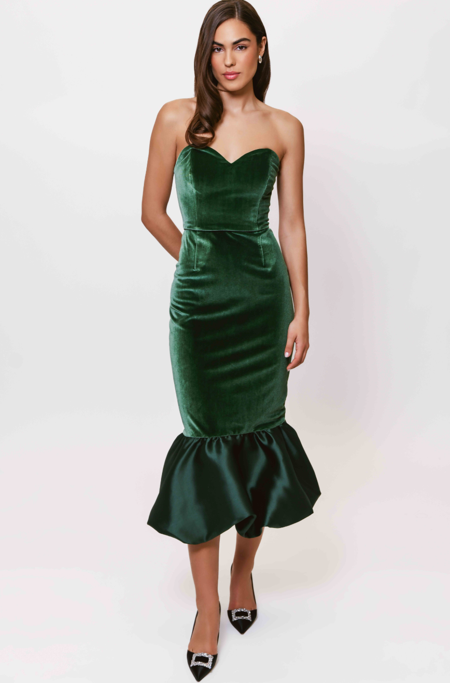 Laken Strapless Midi Dress in Emerald