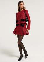 Load image into Gallery viewer, Plaid Crewneck Crop Jacket with Front Detail Ribbon in Red
