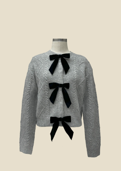 Cable Knit Cardigan with Velvet Bows in Grey