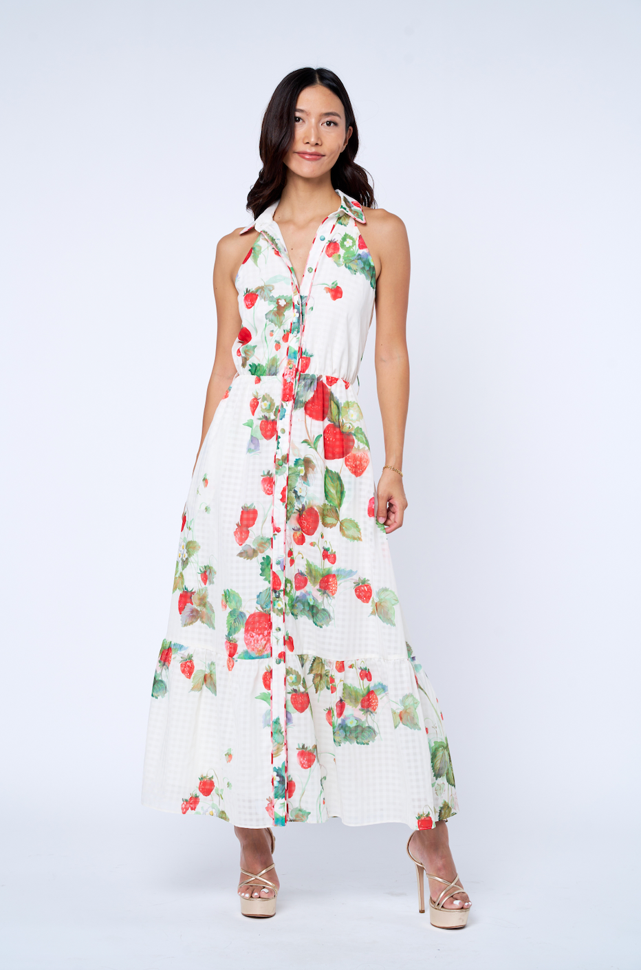 Halter Tiered Midi Dress in Strawberry Print – Mint Julep