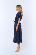 Load image into Gallery viewer, Flounce Sleeve Belted Shirt Dress in Navy
