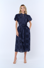 Load image into Gallery viewer, Flounce Sleeve Belted Shirt Dress in Navy
