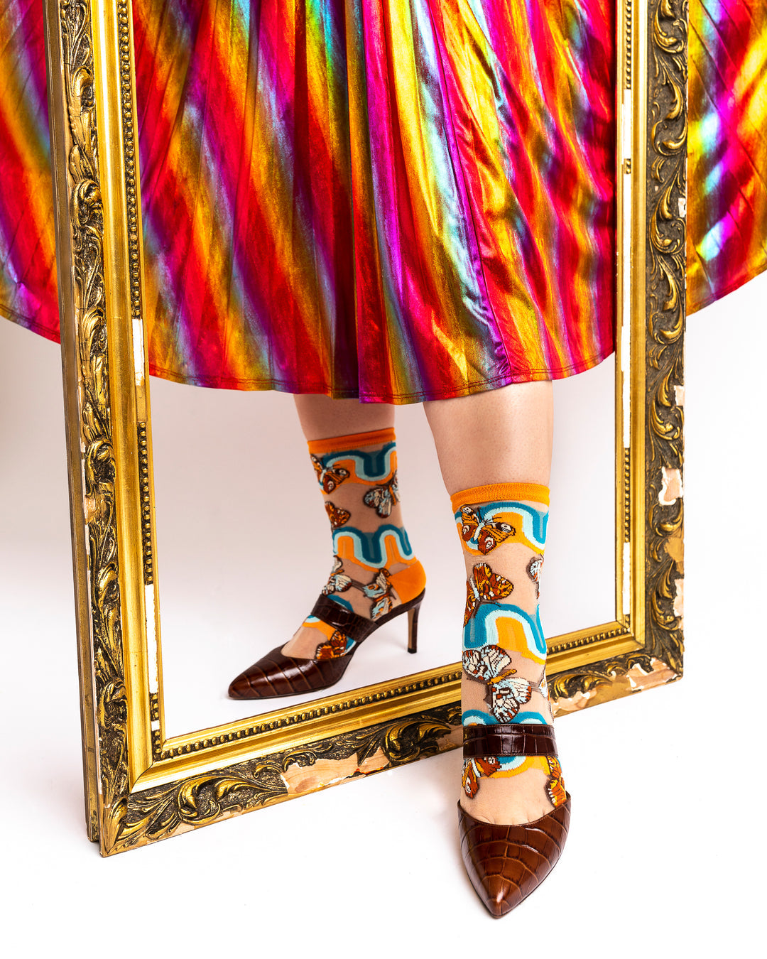 70s Rainbow Butterfly Sheer Mid High Sock