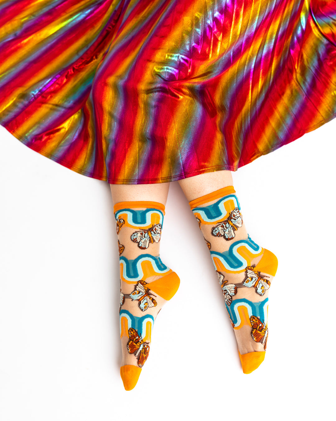 70s Rainbow Butterfly Sheer Mid High Sock
