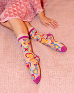 Load image into Gallery viewer, Y2K Hearts Ruffle Sheer Crew Sock
