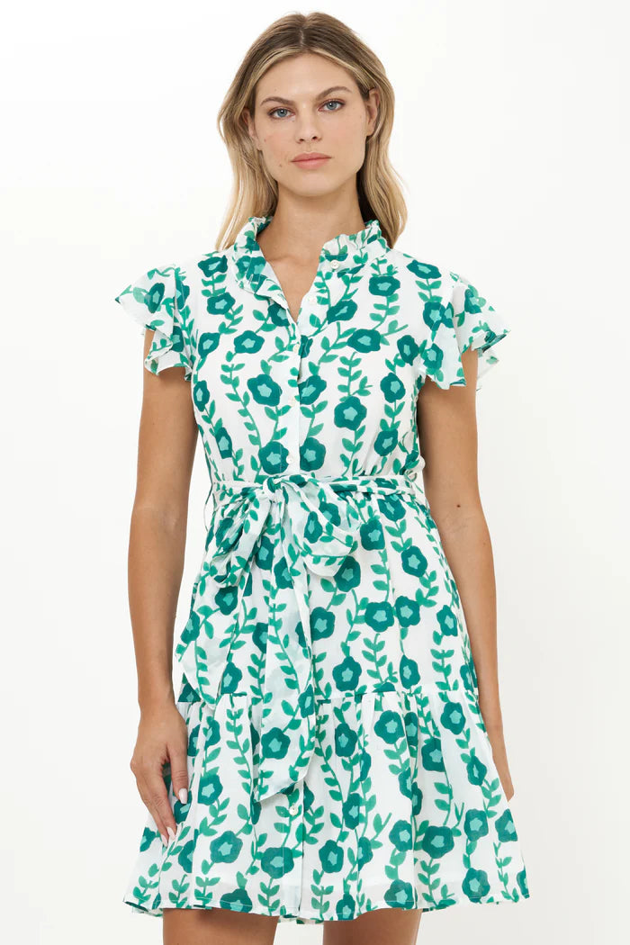 Ruffle Collar Button Mini Dress in Toscana Green