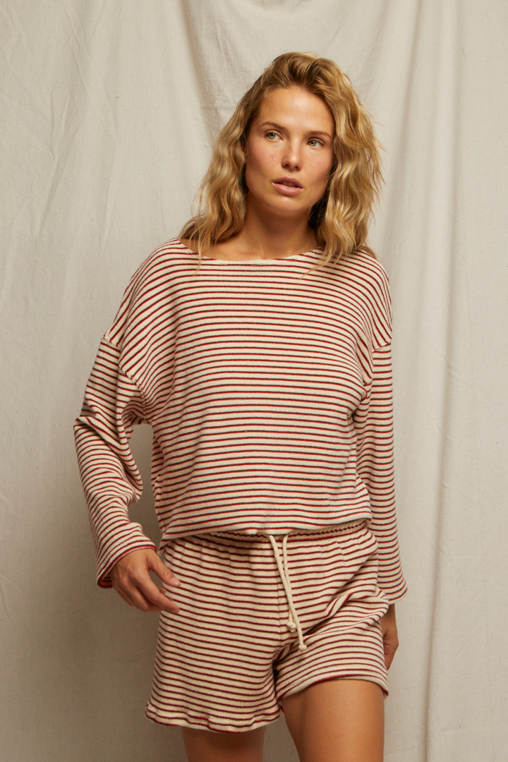 Cami Loop Terry Stripe Long Sleeve in Poppy/Chocolate Stripe