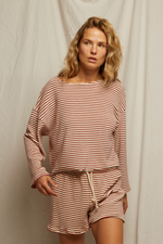 Load image into Gallery viewer, Cami Loop Terry Stripe Long Sleeve in Poppy/Chocolate Stripe
